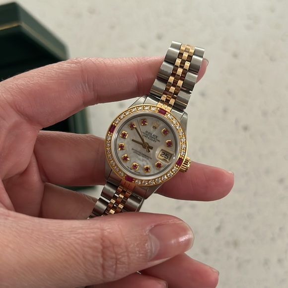 Rolex Accessories - SOLD Rolex Ladies TT Oyster Perpetual Diamond Dial Ruby Diamond Bezel Watch
